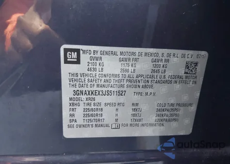 2018 Chevrolet Equinox Lt from USA, damaged, VIN 3GNAXKEX3JS511527